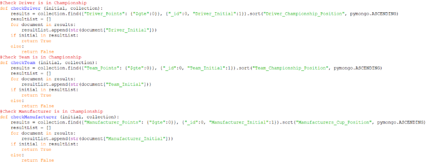 Screenshot of the check Driver, check Team, check Manufacturer functions in afepf_functions.py which checks the driver, team, and manufacturer collections respectively to see if the value stored in initial is also stored in the collection and return boolean value of True if yes