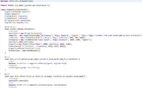 Screenshot of the set up for the tests, the test to check support card res mas effect behaviour method works successfully and the first part of the test to check it fails when there is no magic creatures in the wasteland