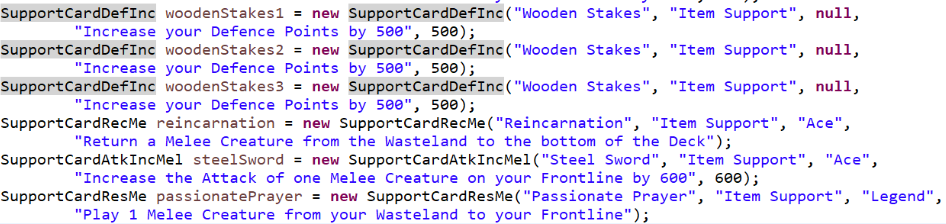 Screenshot of the last 6 cards and their details for the deck of player 1 from the deck load 1 method in the deck load class