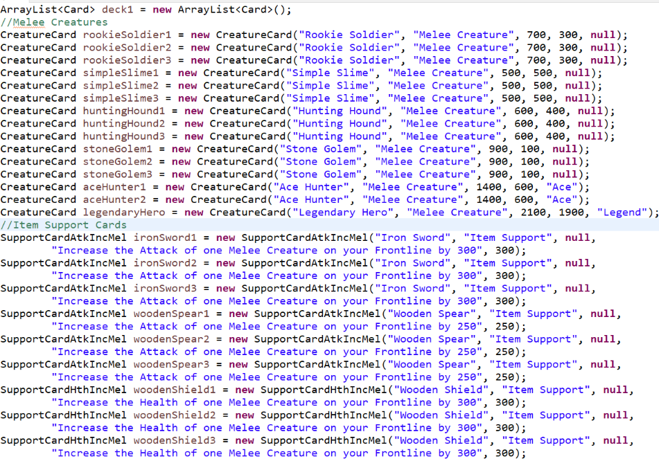 Screenshot of the first 24 cards and their details for the deck of player 1 from the deck load 1 method in the deck load class