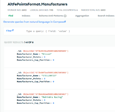 Screenshot of Mongo DB Atlas website displaying first 3 documents of the Manufacturers collection
