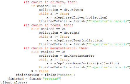 Screenshot of the second part of afepf_viewer_program.py that evidences the use of while loops to allow easy switching between options the user can do with the program