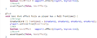 Screenshot of the second part of the test to check support card res mas effect behaviour method fails when there is no magic creatures in the wasteland and the test to check it fails when the frontline is full