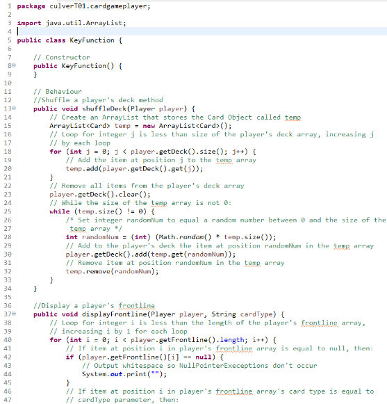 Screenshot of the shuffle deck behaviour method and the first part of the display front line method of the key function class