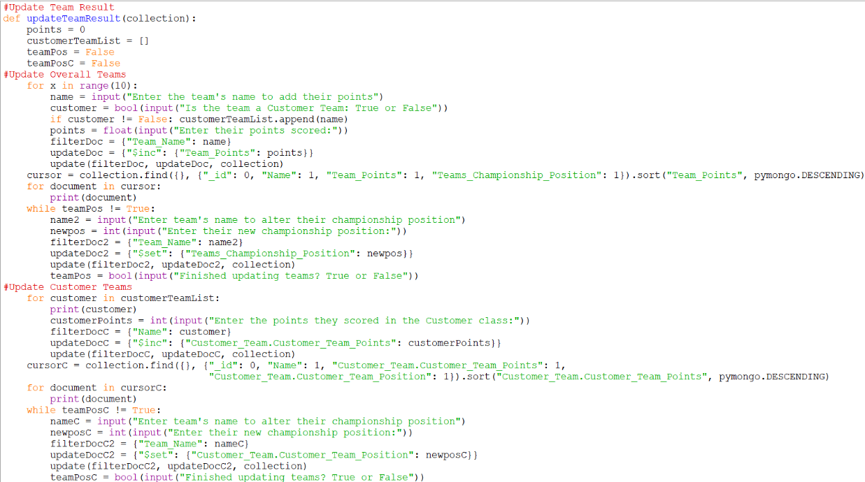 Screenshot of the first part of the function update team result in afepf_functions.py that takes users input, to update the team points, team championship position, customer team points, and the customer team position in the Teams collection in the Mongo DB Atlas server