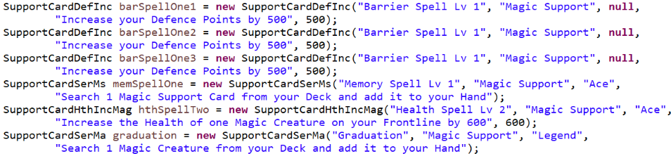 Screenshot of the last 6 cards and their details for the deck of player 2 from the deck load 2 method in the deck load class