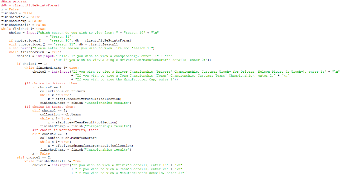 Screenshot of the first part of afepf_viewer_program.py that evidences the use of while loops to allow easy switching between options the user can do with the program