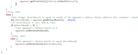 Screenshot of the second part of the attack behaviour method of the creature card class
